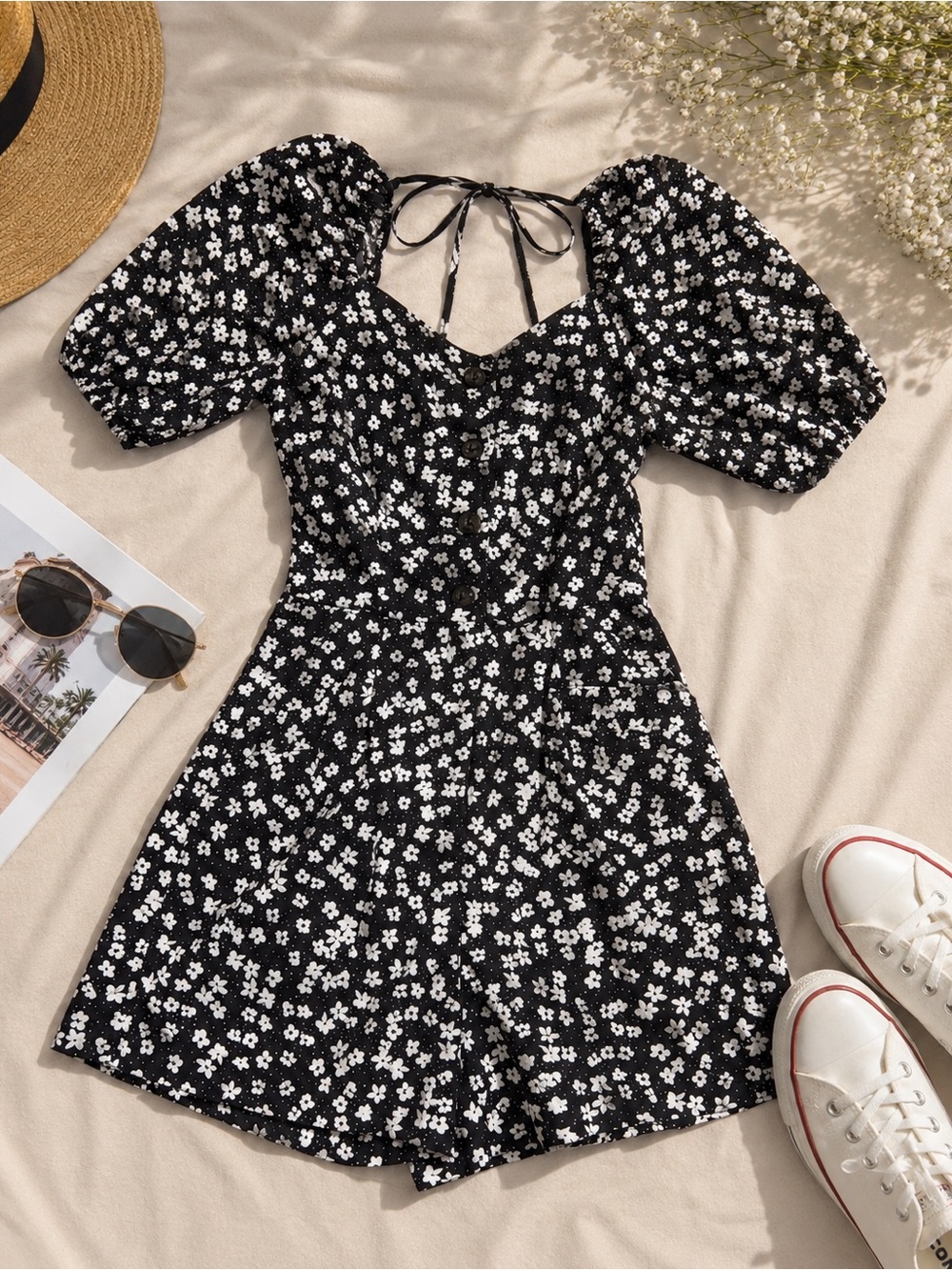 H&M Black Floral Puff-Sleeve Romper